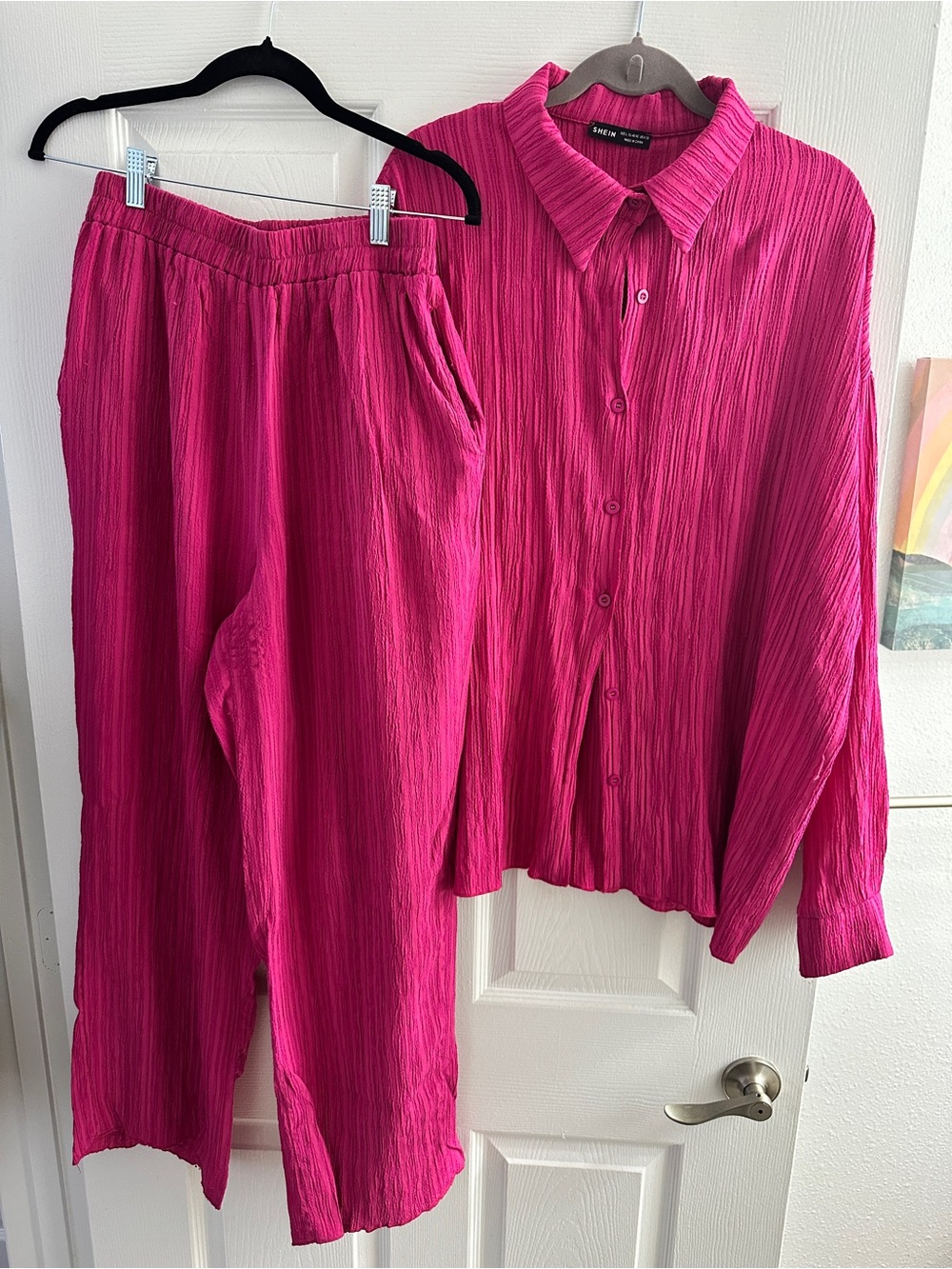 Fuchsia Crinkle Wide-Leg Pants with Matching Button Shirt